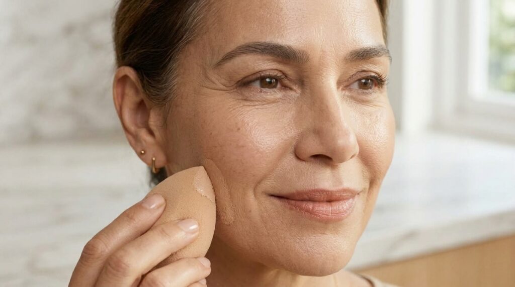 Base líquida aplicada em pequena quantidade com esponja úmida sobre pele madura, criando cobertura leve e natural.