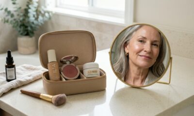 Kit de maquiagem para pele madura com base líquida, blush cremoso e hidratante ao lado de um espelho.