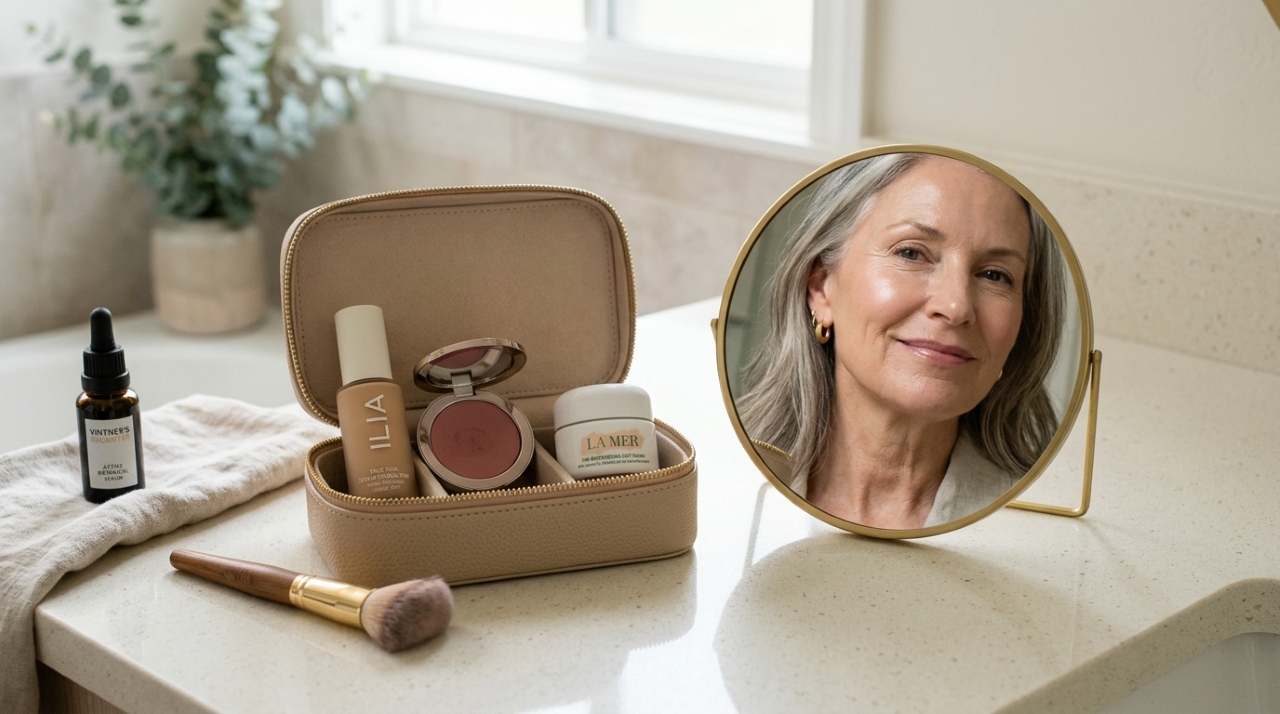 Kit de maquiagem para pele madura com base líquida, blush cremoso e hidratante ao lado de um espelho.