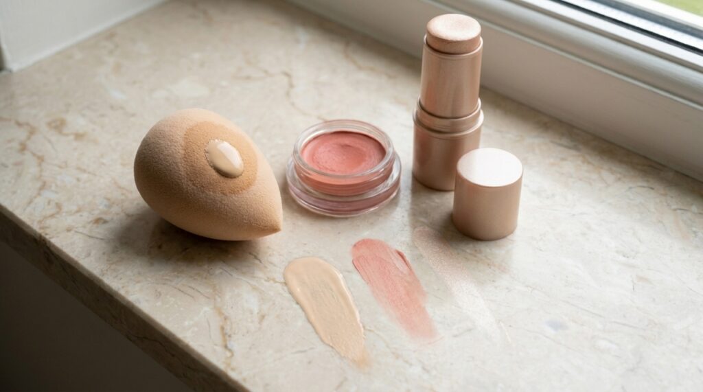 Base líquida, blush cremoso e iluminador em bastão sobre bancada clara, representando maquiagem leve para pele madura.
