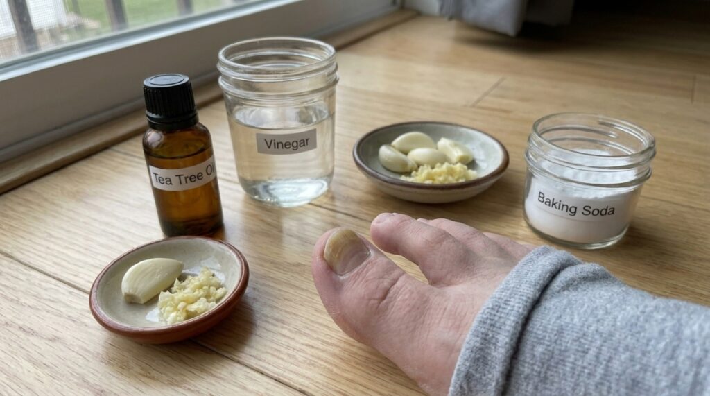 Unha com sinais de micose ao lado de óleo de melaleuca, vinagre, alho e bicarbonato.