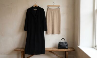 Casaco longo preto ao lado de saia lápis neutra e bolsa preta minimalista, representando um guarda-roupa cápsula de outono inspirado nos anos 90.