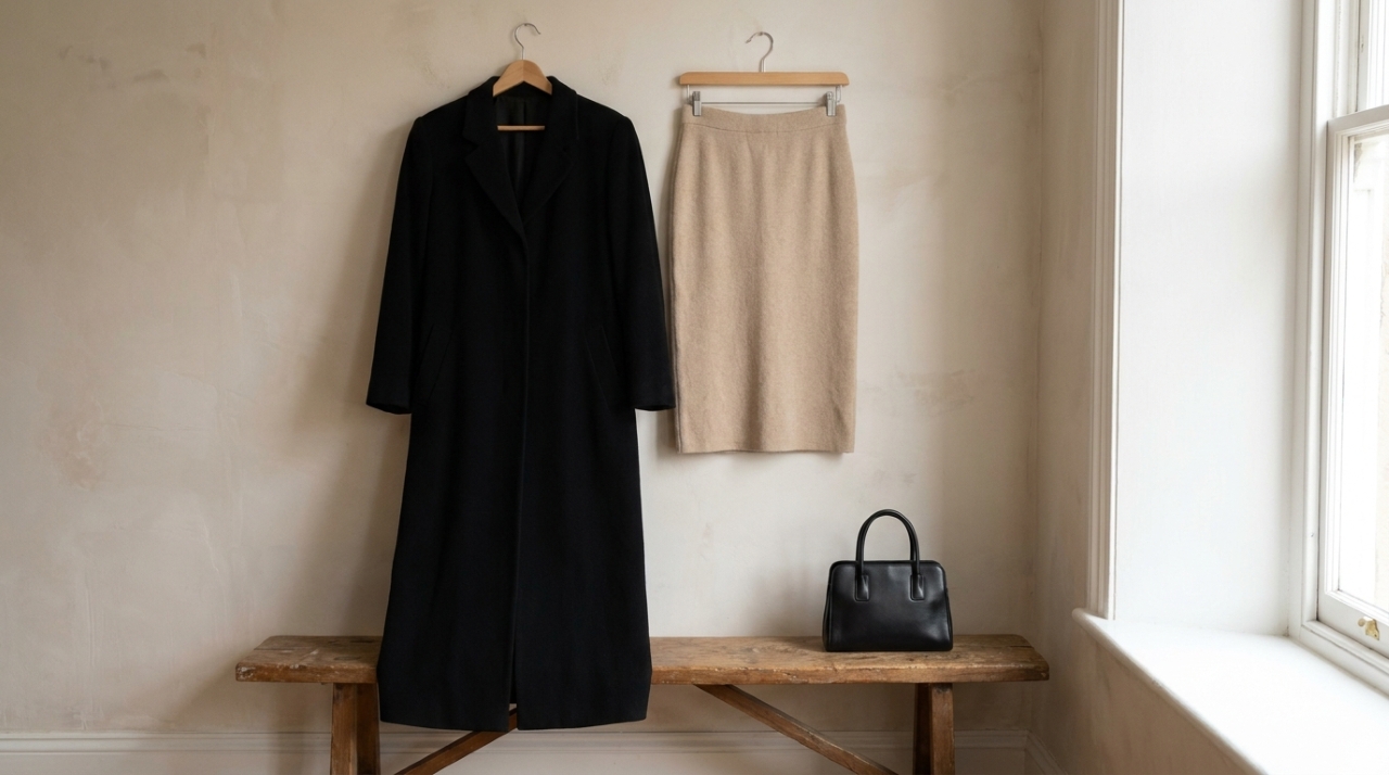 Casaco longo preto ao lado de saia lápis neutra e bolsa preta minimalista, representando um guarda-roupa cápsula de outono inspirado nos anos 90.