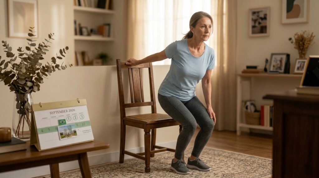 Pessoa acima de 50 anos usando apoio da cadeira para se levantar com segurança durante o exercício.