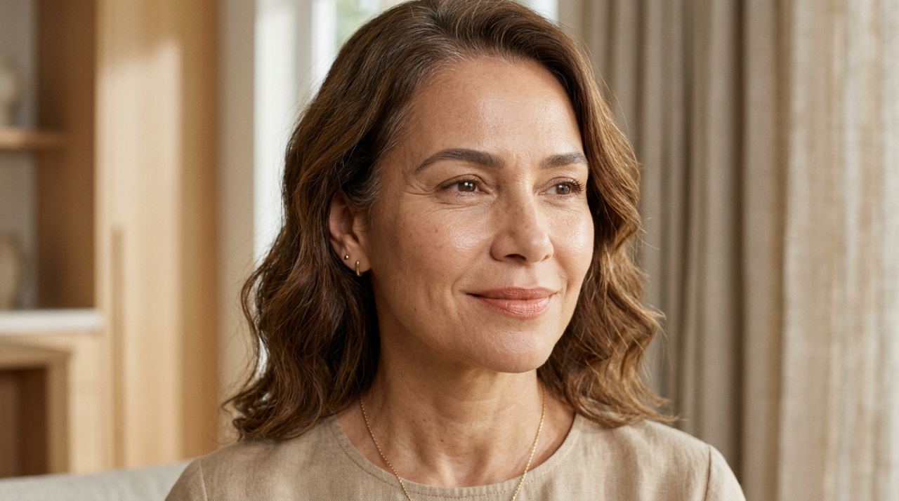 Mulher com pele madura usando maquiagem leve e luminosa, com textura natural e linhas de expressão preservadas.