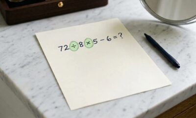 Folha branca com a expressão 72 ÷ 8 × 5 − 6 e destaque para os sinais de divisão e multiplicação, sem mostrar a resposta final.
