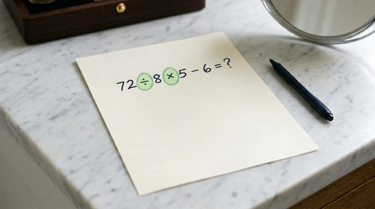 Folha branca com a expressão 72 ÷ 8 × 5 − 6 e destaque para os sinais de divisão e multiplicação, sem mostrar a resposta final.