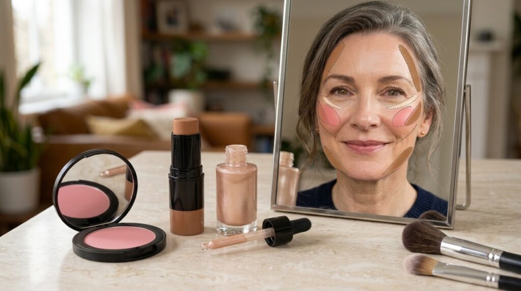 Blush, bronzer e iluminador ao lado de espelho que mostra a aplicação dos produtos na parte alta das maçãs do rosto