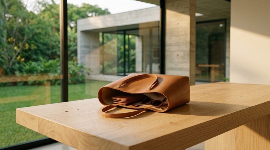 Bolsa feminina sobre mesa de trabalho em ambiente iluminado pela luz natural, representando a versatilidade do Pur Blanca Original para diferentes ocasiões do dia a dia.
