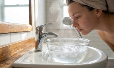 Mulher aproximando o rosto de uma tigela com água filtrada e cubos de gelo em um banheiro pela manhã.
