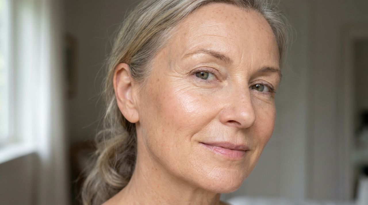 Mulher com mais de 50 anos usando maquiagem leve, com base líquida e blush cremoso em acabamento natural e luminoso
