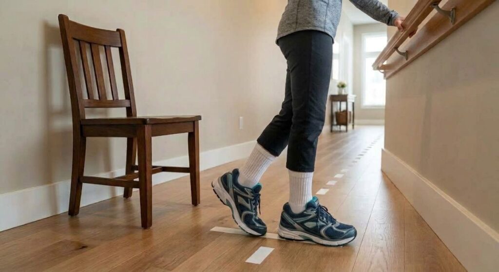 Pés com tênis caminhando para trás ao lado de um corrimão em piso plano e iluminado.