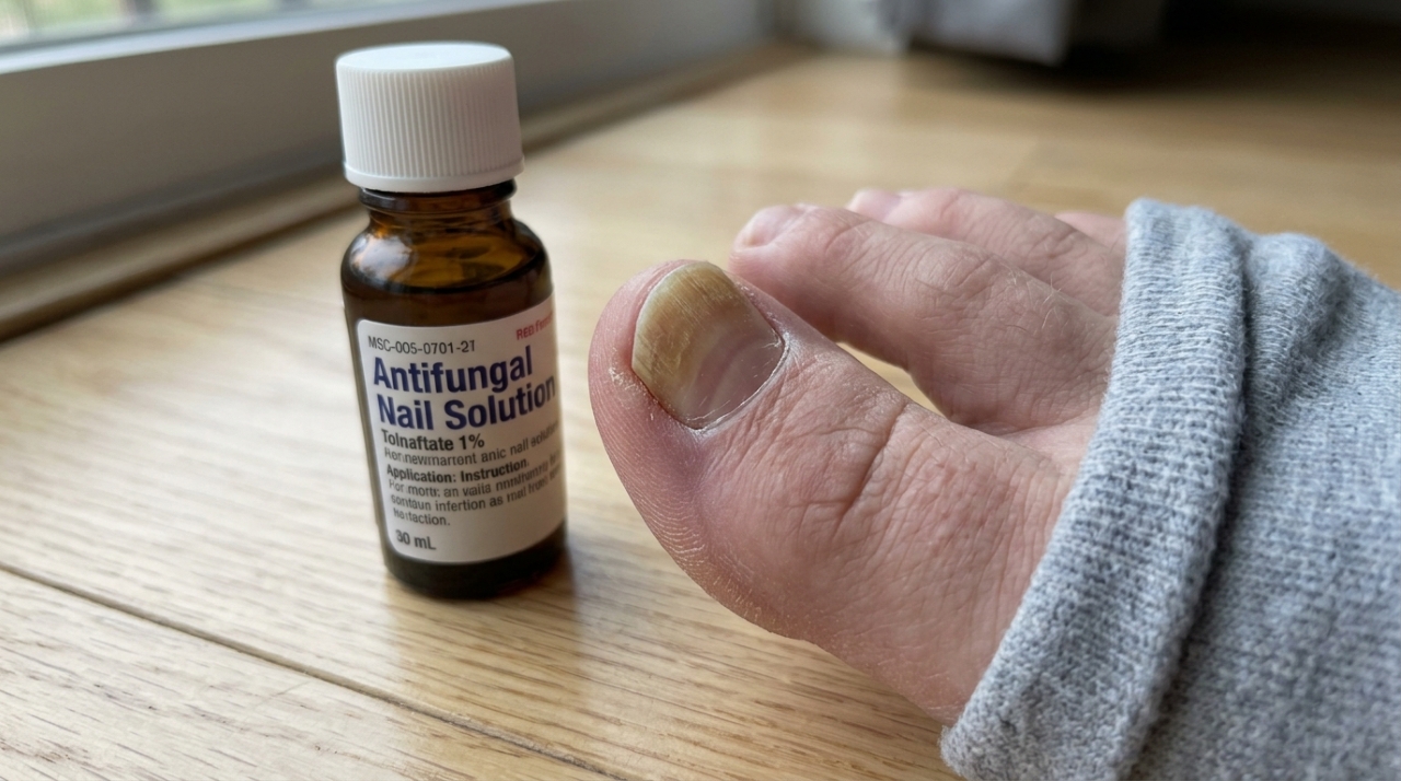 Unha do pé amarelada e espessa ao lado de medicamento antifúngico, com crescimento saudável visível na base.