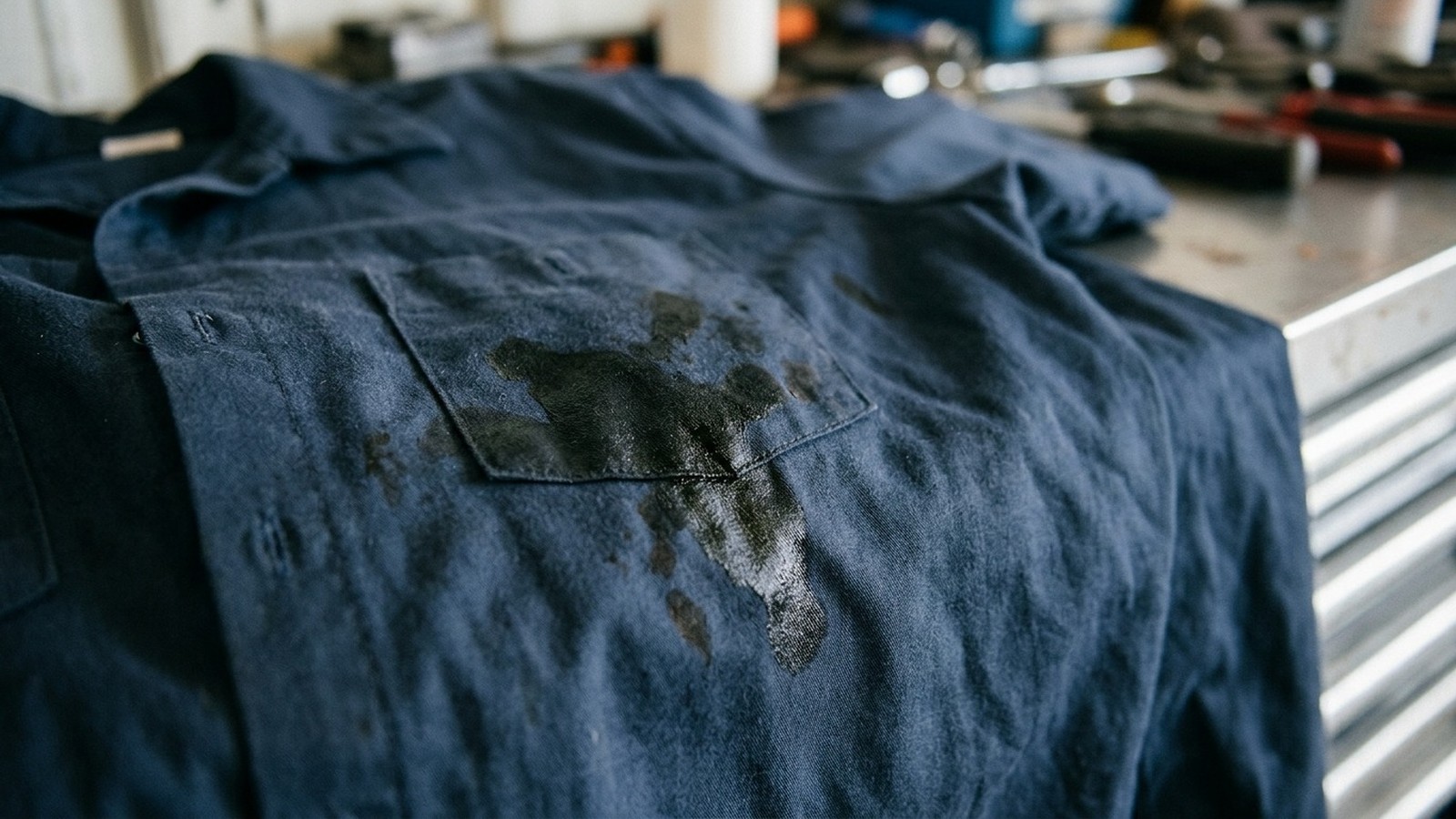 Camisa de trabalho azul com grande mancha de óleo preta e brilhante na área do bolso
