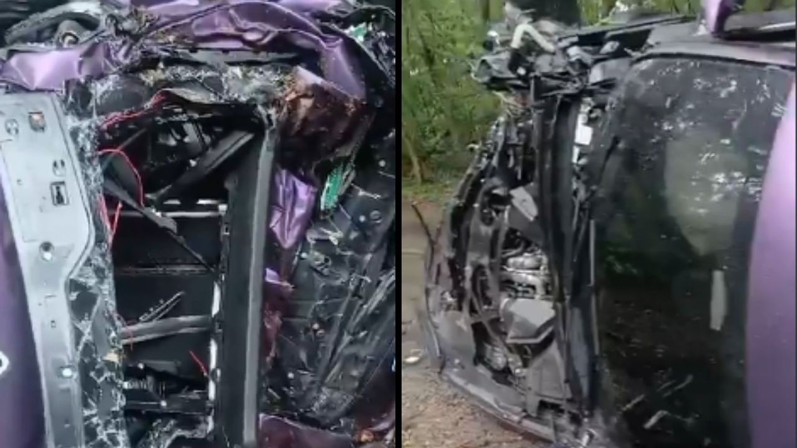 Carro roxo com lataria amassada, interior exposto e gravemente danificado após acidente.