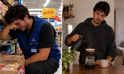 Homem em uniforme chora em loja e, em outra cena, faz café em casa