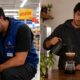 Homem em uniforme chora em loja e, em outra cena, faz café em casa
