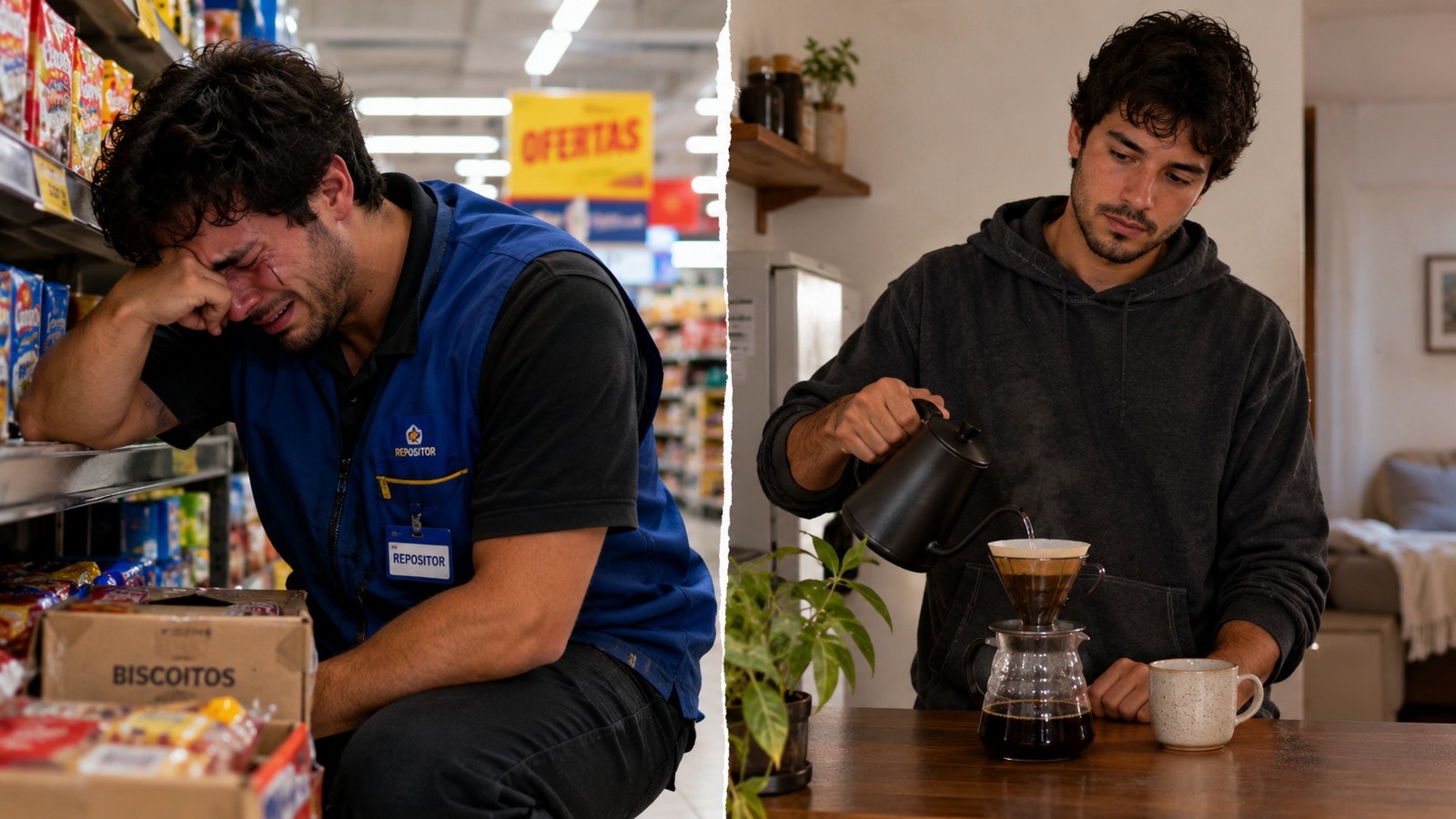 Homem em uniforme chora em loja e, em outra cena, faz café em casa