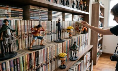 Pessoa segurando mangá em estante cheia de volumes, com figuras de Luffy, Gojo e Naruto