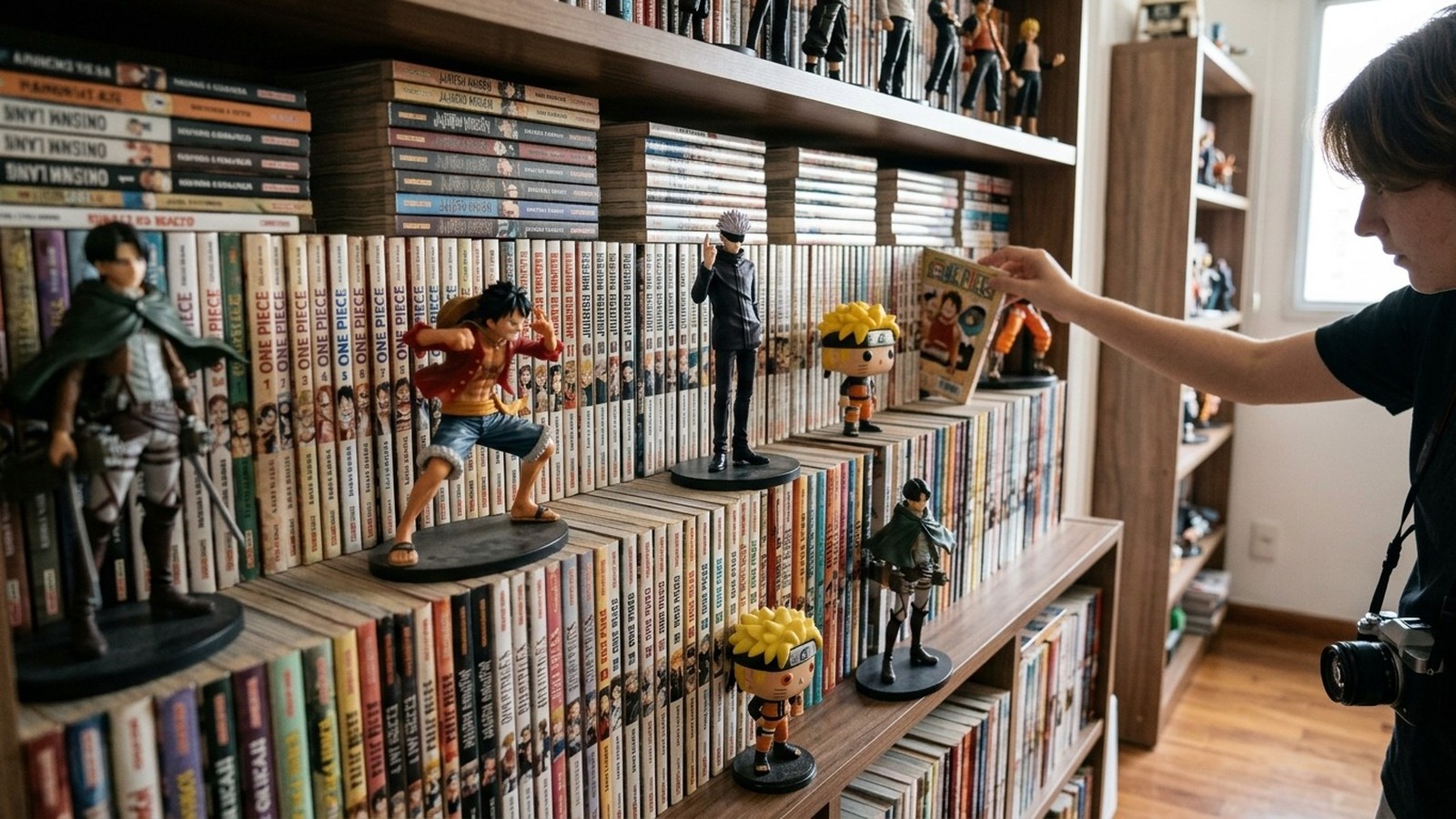 Pessoa segurando mangá em estante cheia de volumes, com figuras de Luffy, Gojo e Naruto