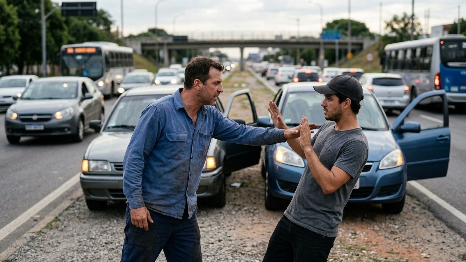 Dois homens confrontam-se entre carros parados na rua, com portas abertas e trânsito ao fundo