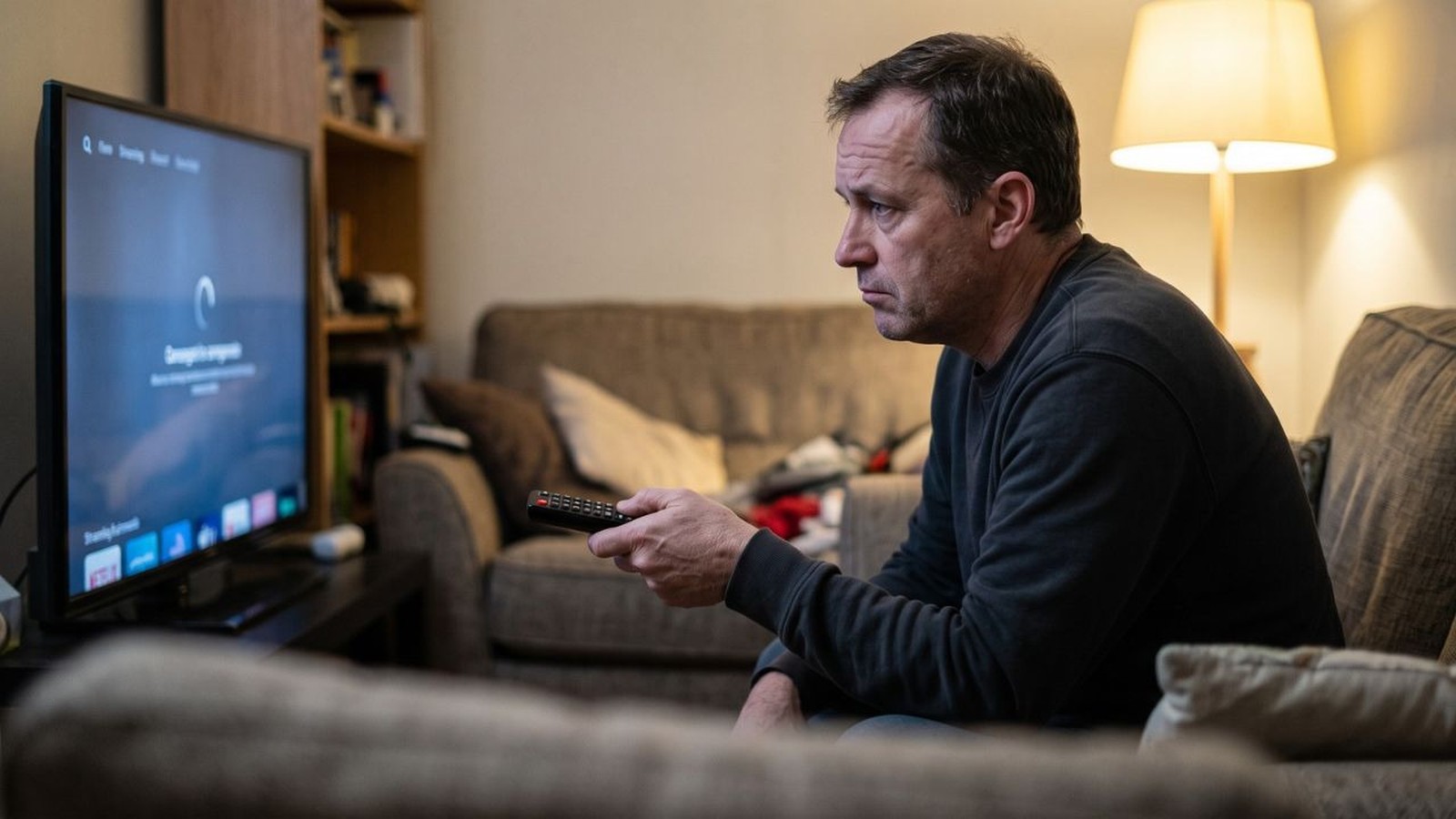 Homem de meia-idade no sofá segurando controle, olhando TV com tela de carregamento