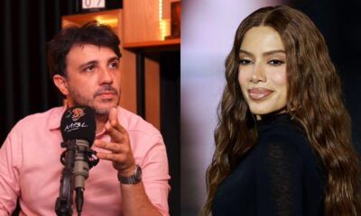 Renan Santos gesticulando com microfone MBL e Anitta com cabelos castanhos ondulados olhando a câmera