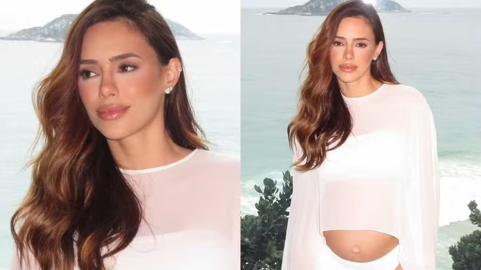 Bruna Biancardi grávida, cabelos castanhos, top branco, barriga aparente, fundo mar