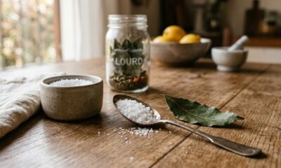 Sal grosso em colher e tigela, folha de louro, frasco "LOURO" em mesa de madeira