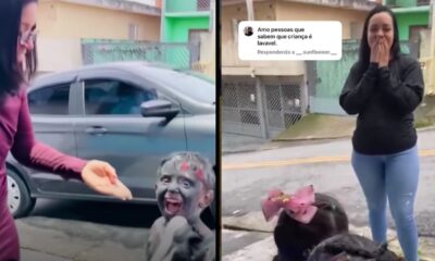 Imagem dividida com criança suja de tinta rindo e adulto surpreso, com texto 'criança é lavável'