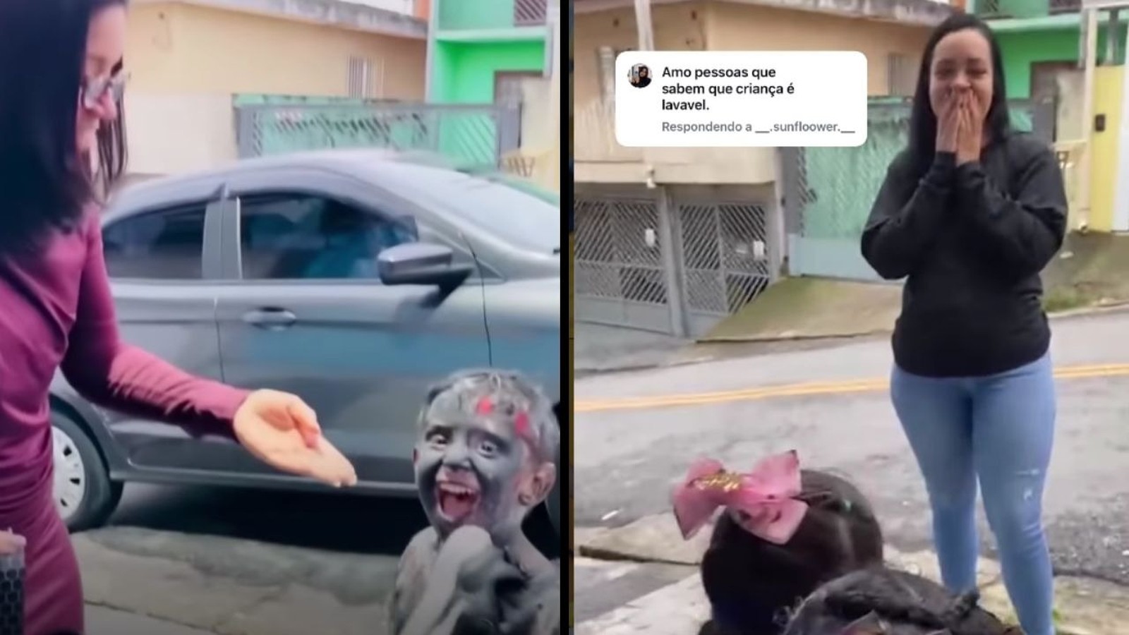 Imagem dividida com criança suja de tinta rindo e adulto surpreso, com texto 'criança é lavável'