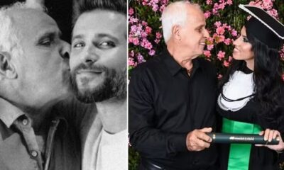 Pai e filhos em duas fotos: beijo no rosto do filho e formatura da filha