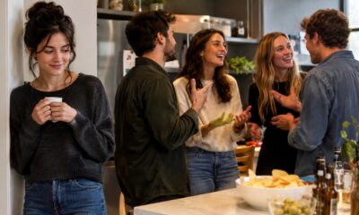 Mulher com xícara observa grupo de quatro pessoas conversando animadamente em ambiente social
