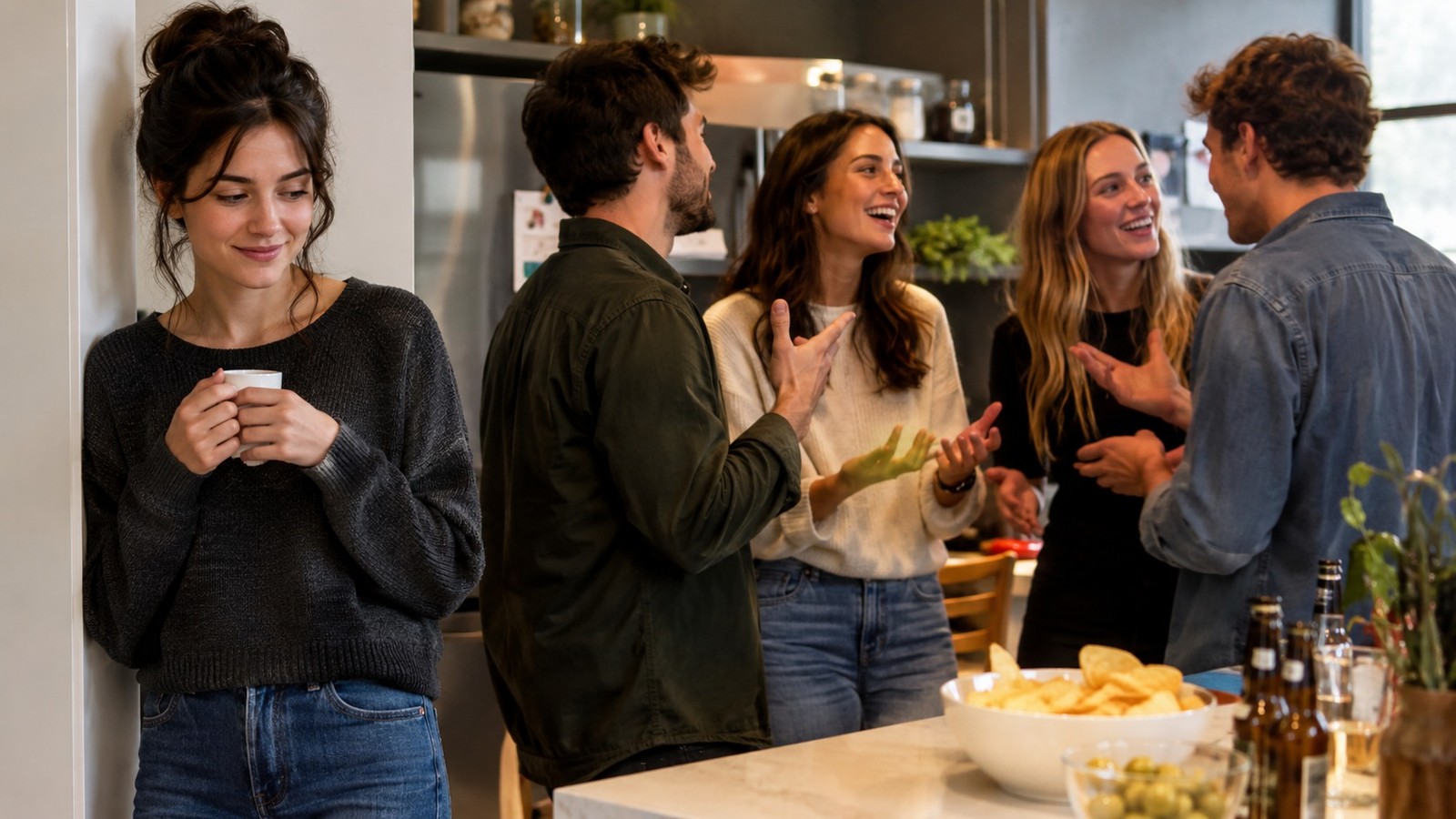 Mulher com xícara observa grupo de quatro pessoas conversando animadamente em ambiente social