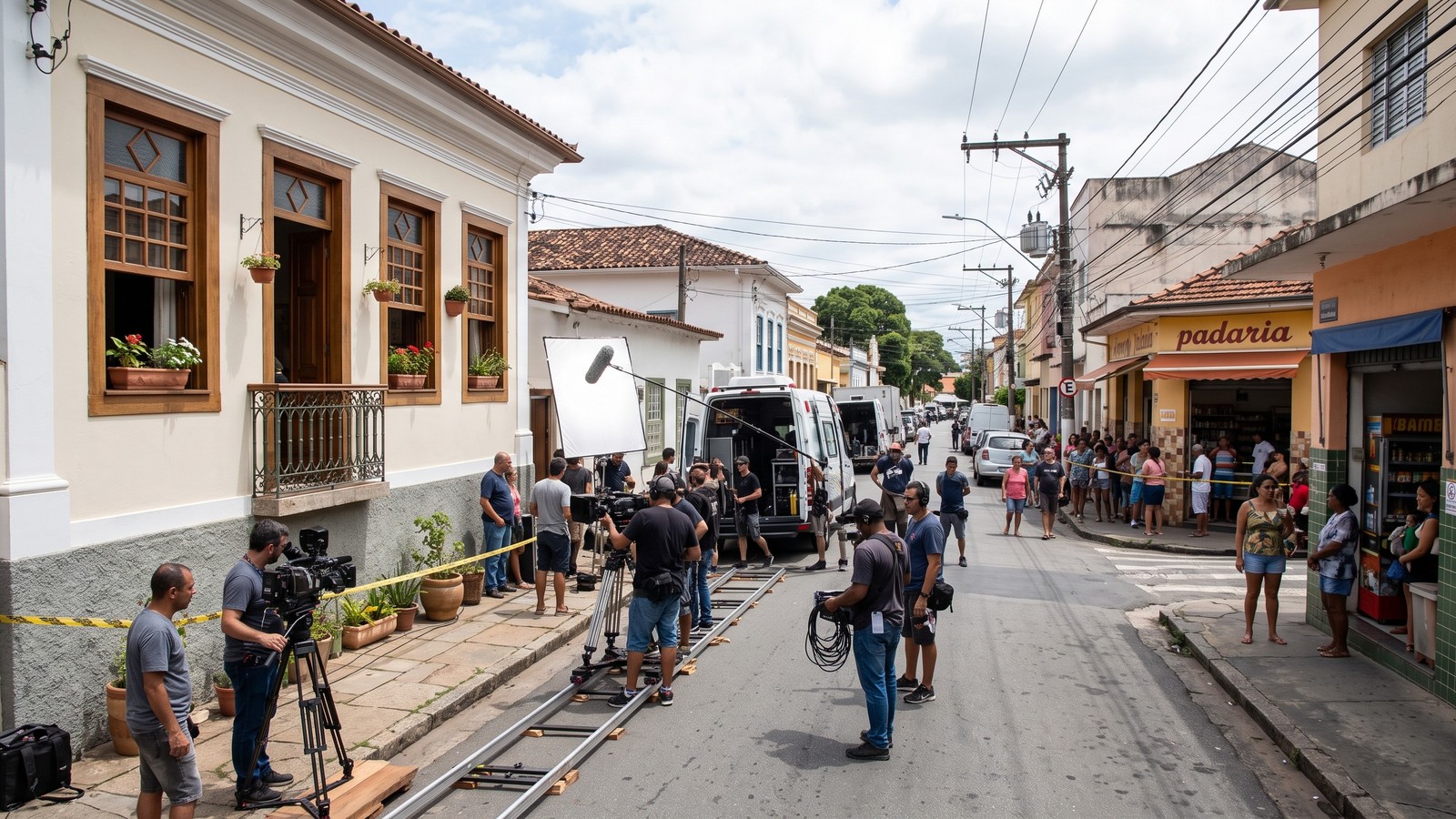 Equipe de filmagem em rua com câmera em trilhos, prédio, vans, pessoas e padaria