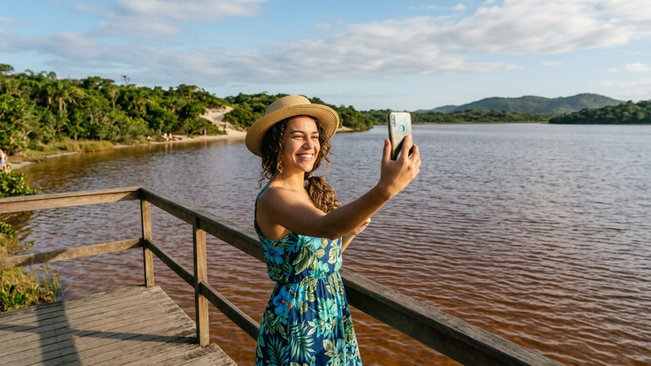 Um paraíso com água azul claro e uma lagoa de Coca-Cola: no litoral fluminense, ela ganha a cor das folhas da restinga e fica a poucos passos do mar