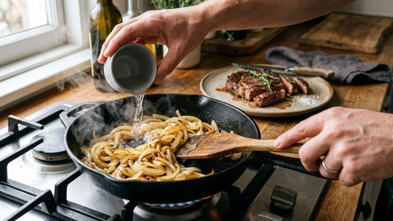Cozinheiras de mão cheia afirmam: “Para a cebola do bife acebolado não murchar e sumir, não jogue tudo junto na frigideira, mas frite a carne primeiro, retire, e na mesma panela doure a cebola com 2 colheres de água quente por 3 minutos.”