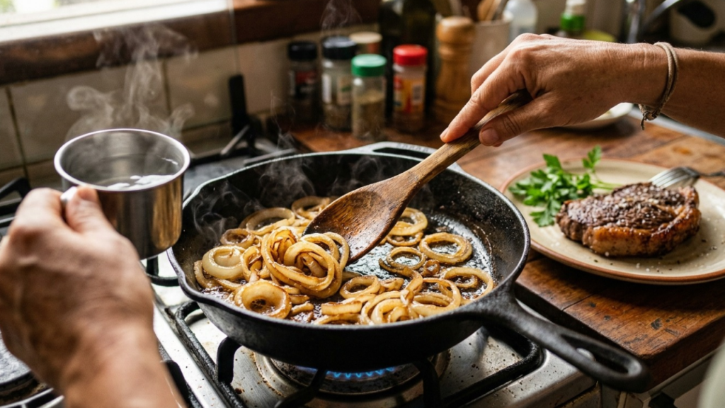 Cozinheiras de mão cheia afirmam: “Para a cebola do bife acebolado não murchar e sumir, não jogue tudo junto na frigideira, mas frite a carne primeiro, retire, e na mesma panela doure a cebola com 2 colheres de água quente por 3 minutos.”