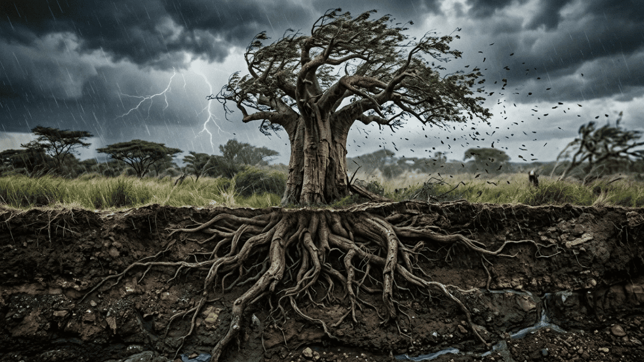Provérbio africano: “Quando as raízes de uma árvore são profundas, ela não precisa temer o vento, porque sabe de onde veio antes de enfrentar a tempestade.” Reflexão sobre identidade, origem e a diferença entre resistir à tempestade e atravessá-la sem se perder