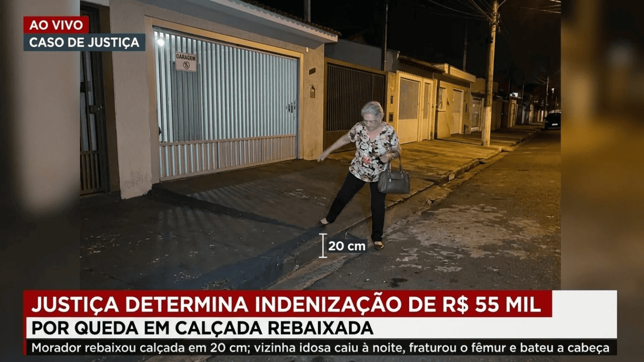 Morador rebaixa calçada da garagem em 20 cm, vizinha idosa cai à noite, fratura o fêmur, bate a cabeça e Justiça condena R$ 55 mil reais em indenizações