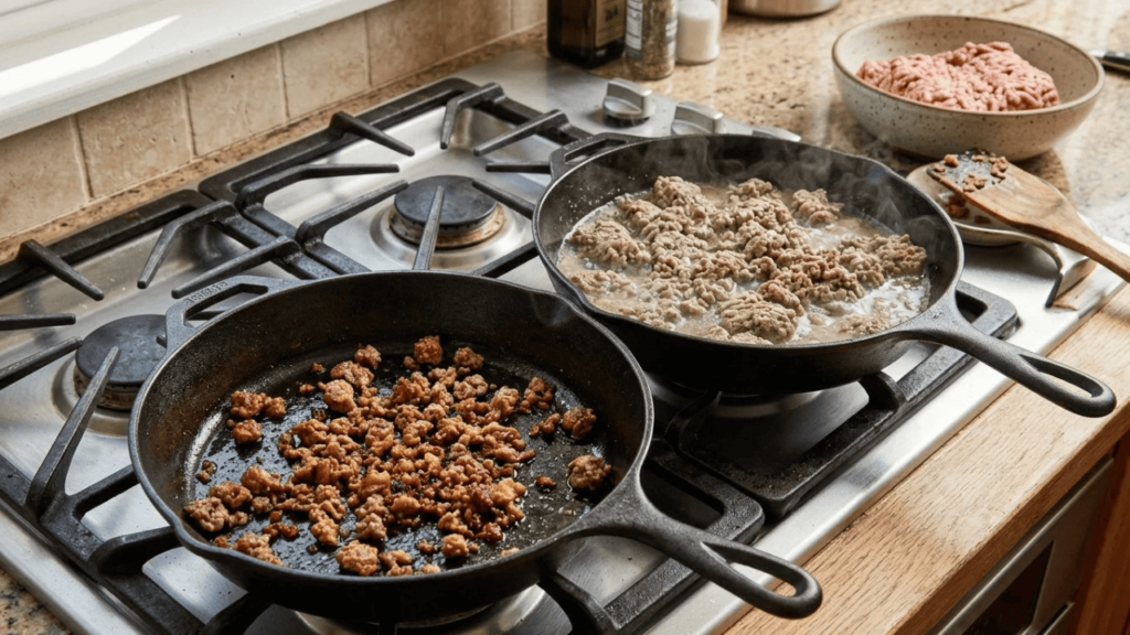 Chefs especialistas indicam: para a carne moída ficar douradinha, não encha a frigideira de uma só vez, mas doure a carne em porções para evitar o excesso de líquido