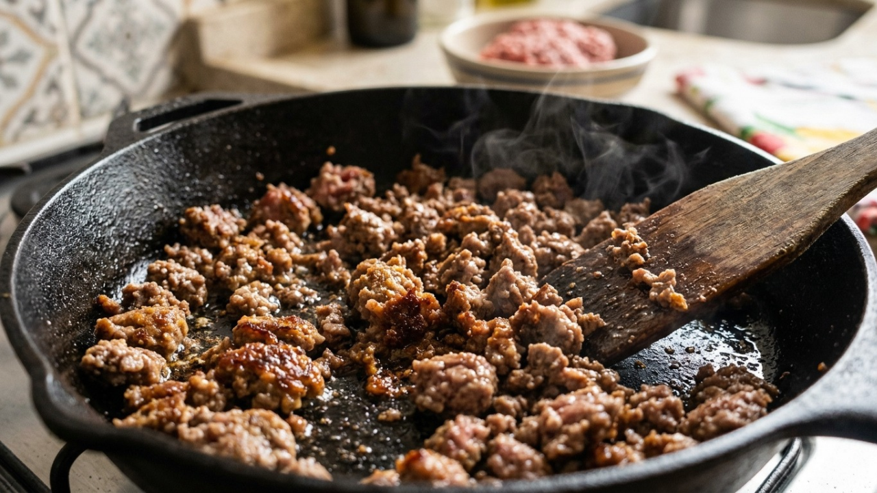 Chefs especialistas indicam: para a carne moída ficar douradinha, não encha a frigideira de uma só vez, mas doure a carne em porções para evitar o excesso de líquido