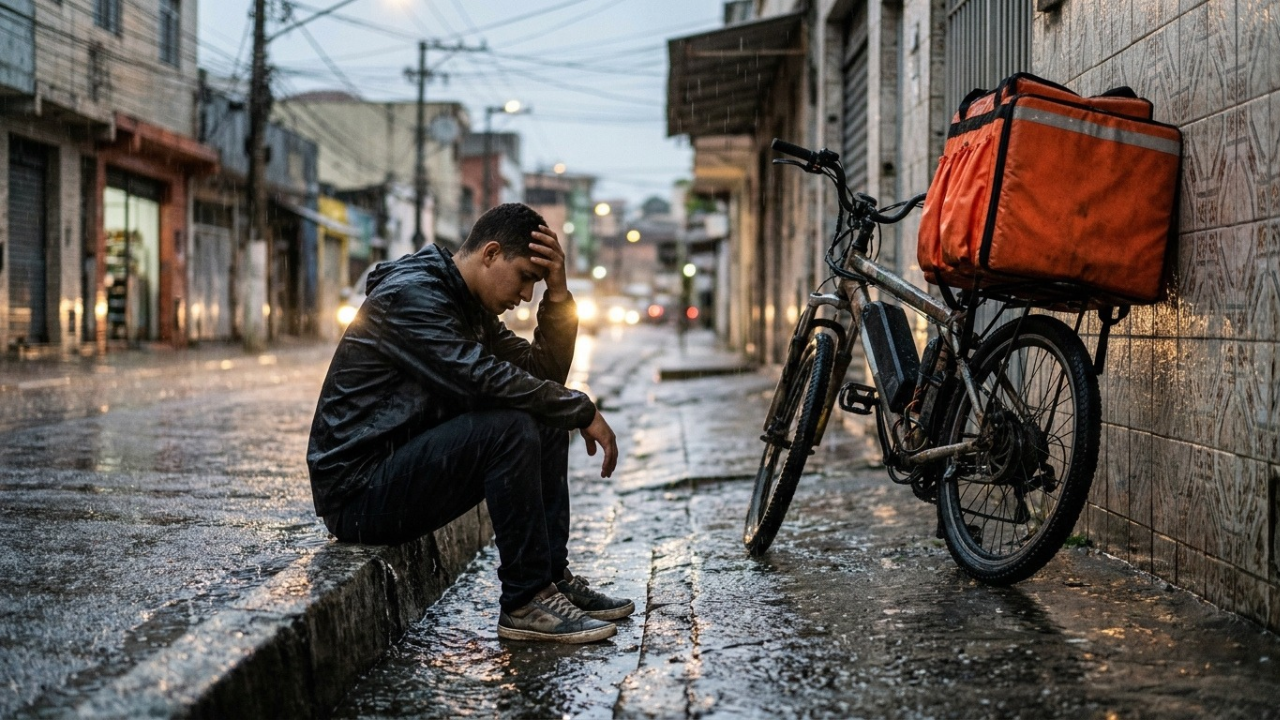 Entregador financia bicicleta elétrica de R$ 8 mil em 24 vezes de R$ 410 para fazer entregas e, na primeira chuva forte, a bateria principal entra em curto