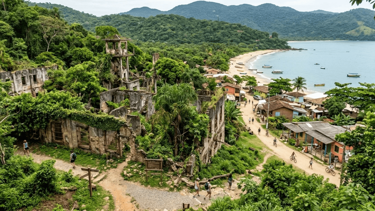 Por quase um século, uma ilha abrigou um presídio temido, e hoje as ruínas ficam entre trilhas, praias e vilas onde não circulam carros
