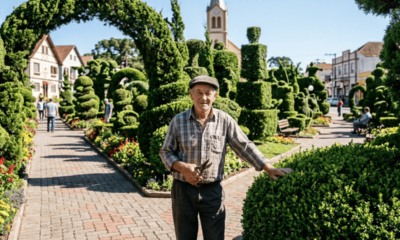 Um agricultor de 89 anos que só sabia podar esculpiu mais de 200 árvores na “Mais Bela Praça” em uma pequena cidade com apenas 3 mil moradores no interior do RS