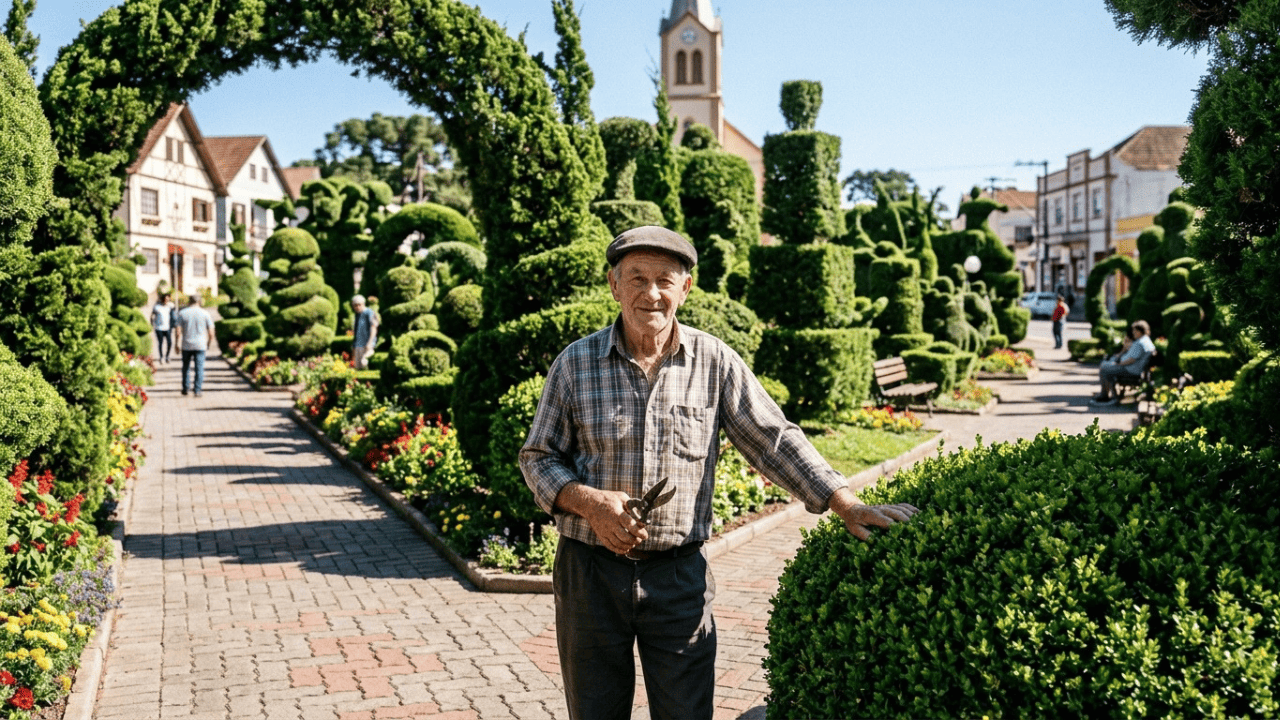 Um agricultor de 89 anos que só sabia podar esculpiu mais de 200 árvores na “Mais Bela Praça” em uma pequena cidade com apenas 3 mil moradores no interior do RS