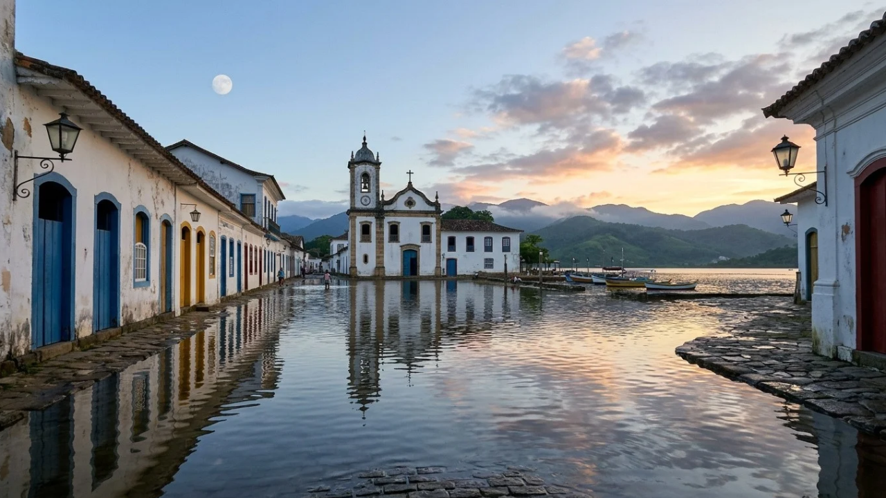 Nas luas cheia e nova, o mar invade as ruas de pedra dessa cidade colonial para limpar, e as casas ficam cerca de 30 centímetros acima do chão para não alagar