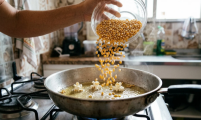 Os cozinheiros concordam: para a pipoca estourar quase toda e sem queimar, coloque só 3 grãos no óleo quente como termômetro e despeje o resto do milho apenas quando eles estourarem