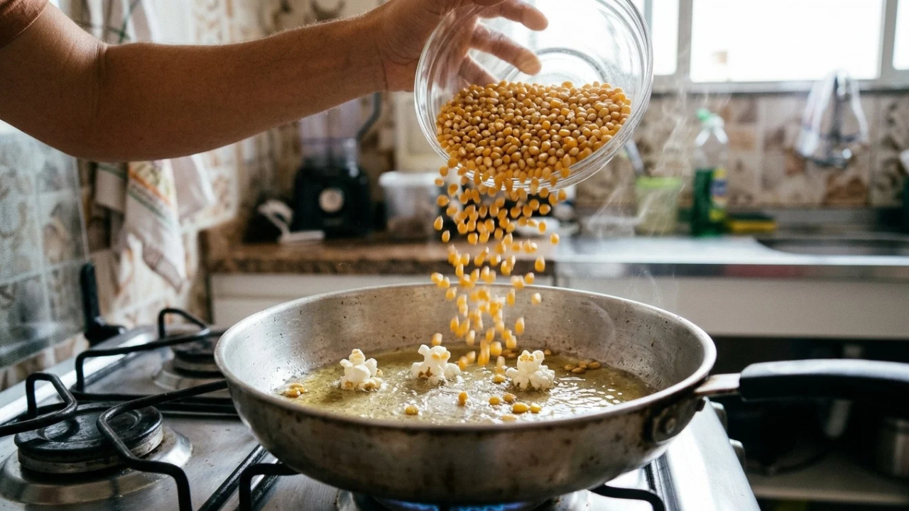 Os cozinheiros concordam: para a pipoca estourar quase toda e sem queimar, coloque só 3 grãos no óleo quente como termômetro e despeje o resto do milho apenas quando eles estourarem