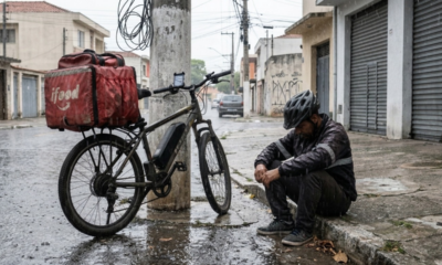 Entregador financia bicicleta elétrica de R$ 7 mil em 20x de R$ 420 para trabalhar com entregas no IFood, mas no primeiro temporal a bateria principal entra em curto
